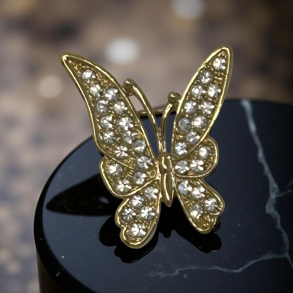 Goldtone Butterfly Brooch Pin with Clear Rhinestones Sparkle Jewelry 1.5”‎